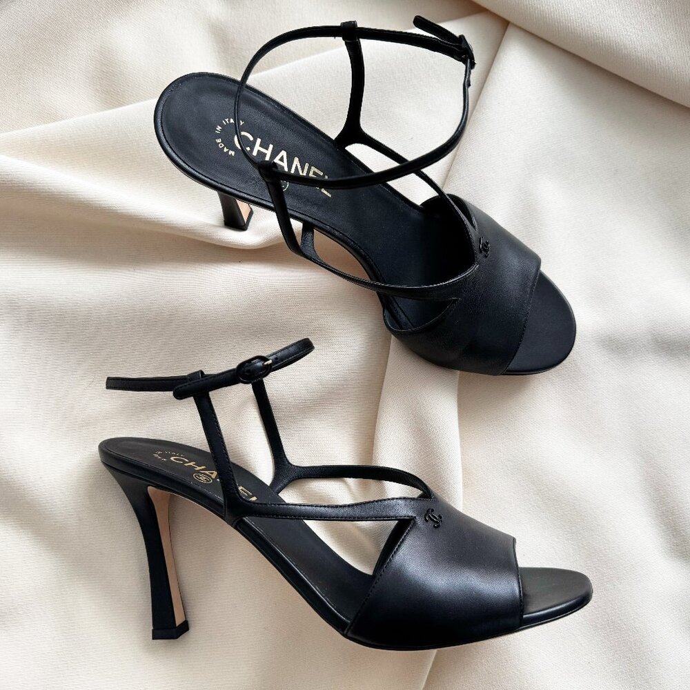 Chanel High Heel Ankle Strap Sandals in Black, size 41C